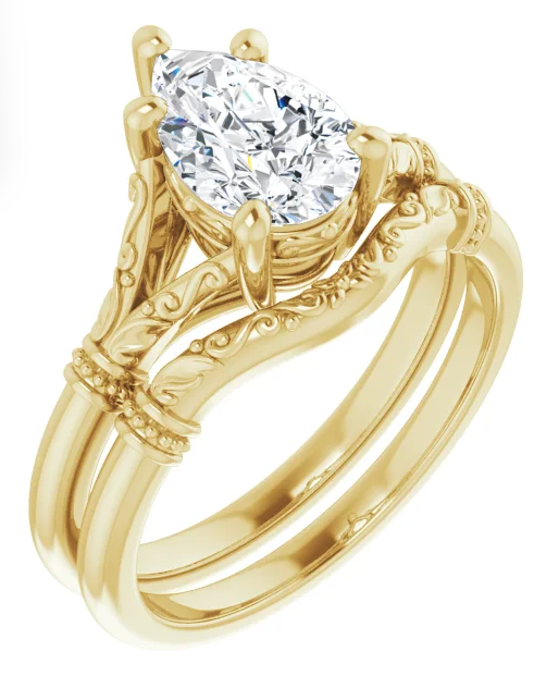 14K Yellow Gold 9x6 mm Pear Solitaire Accented Engagement Ring. 124648:1126:P