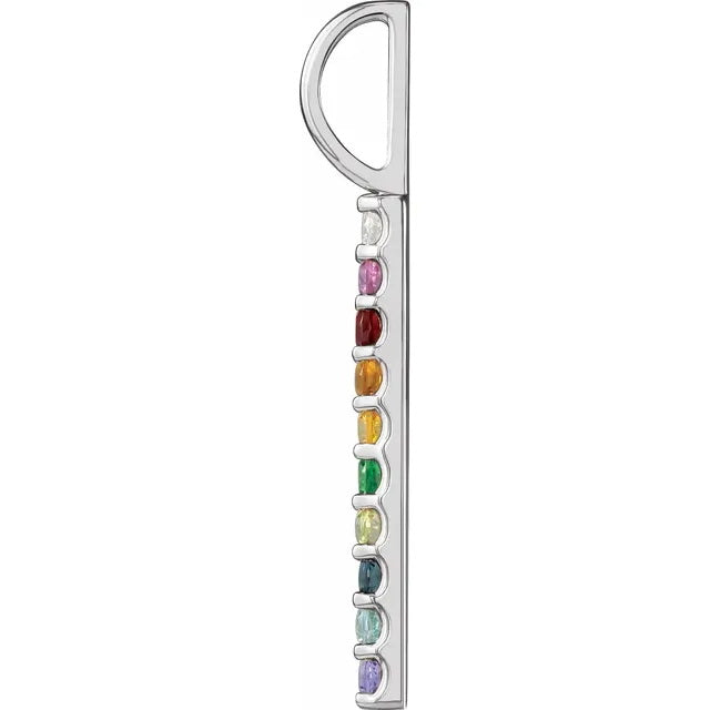 14K White Natural Multi-Gemstone Rainbow Bar Charm/Pendant