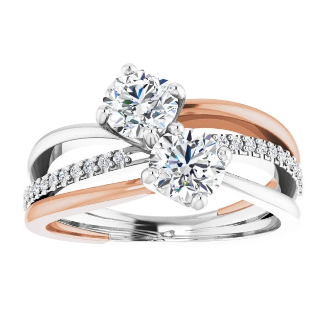 Ladies 14K White/Rose Gold Engagement Ring With Lab Diamonds. 1.1CTW 2 Center Stone VS Clarity, F Color
