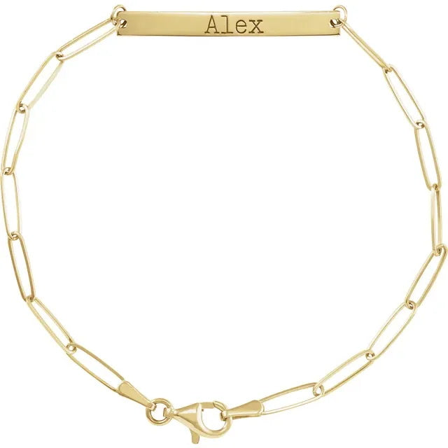 14K Engravable Paperclip Bar 7" Bracelet