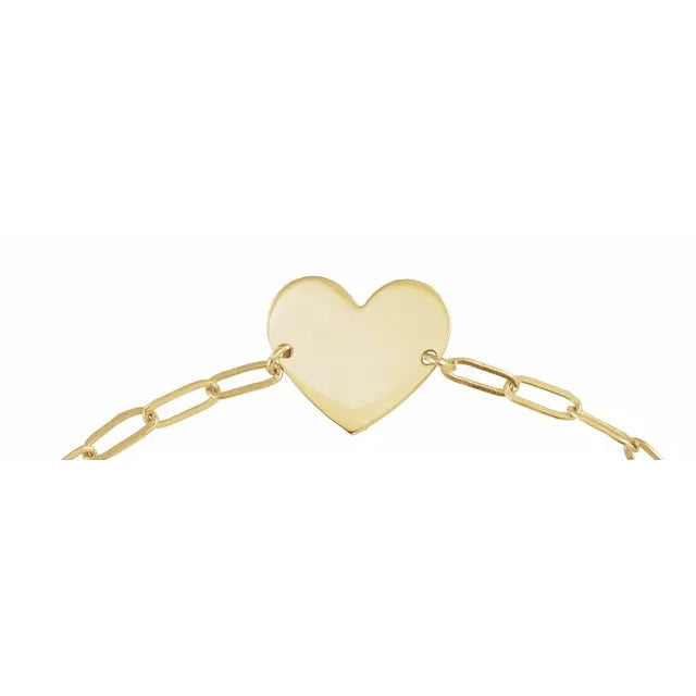 14K Engravable Paperclip Heart 7" Bracelet